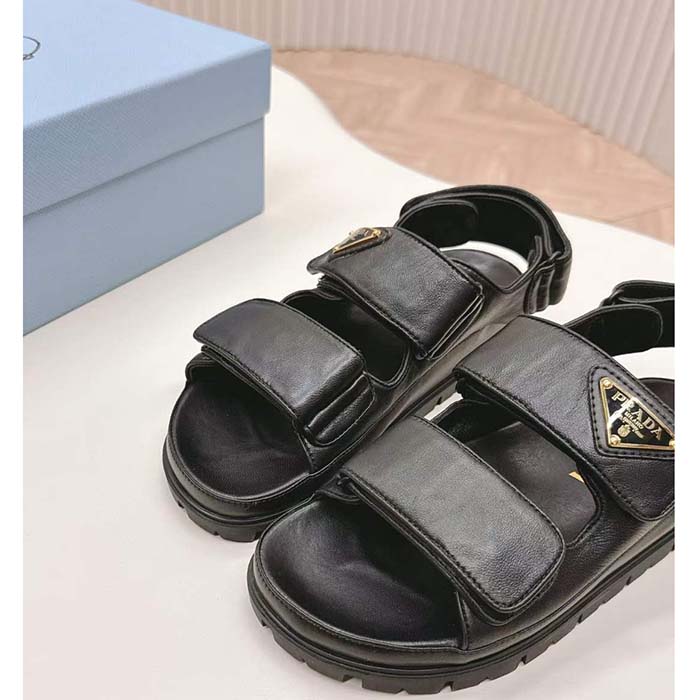 Prada Women Flat Nappa Leather Sandals Rubber Sole Lug Tread