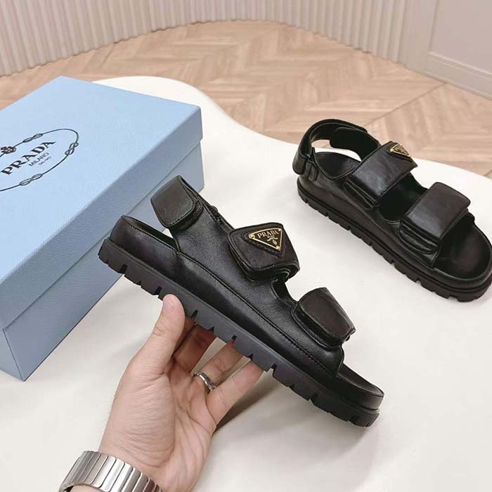Prada Women Flat Nappa Leather Sandals Rubber Sole Lug Tread