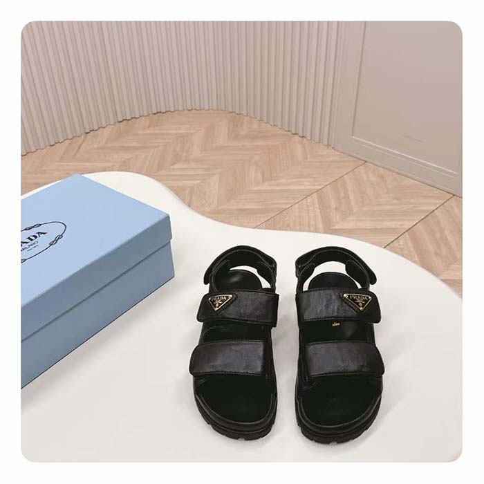 Prada Women Flat Nappa Leather Sandals Rubber Sole Lug Tread