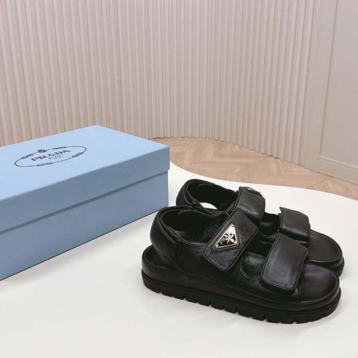 Prada Women Flat Nappa Leather Sandals Rubber Sole Lug Tread
