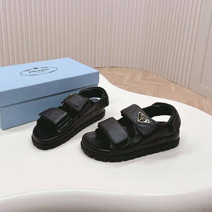 Prada Women Flat Nappa Leather Sandals Rubber Sole Lug Tread