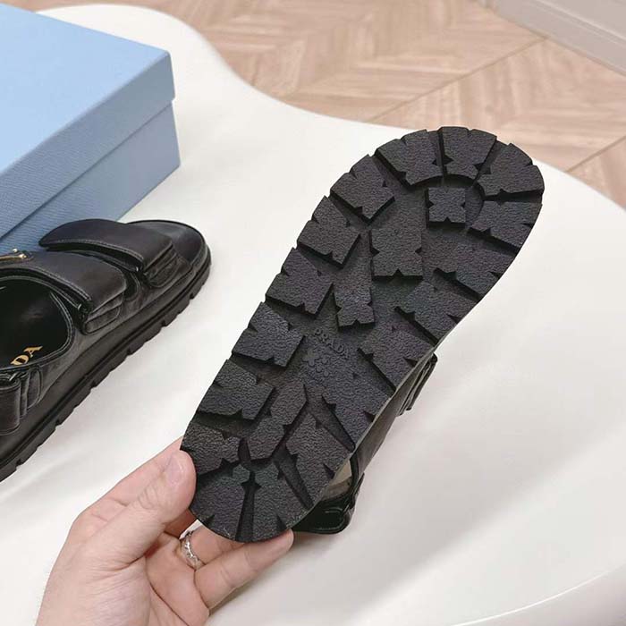 Prada Women Flat Nappa Leather Sandals Rubber Sole Lug Tread