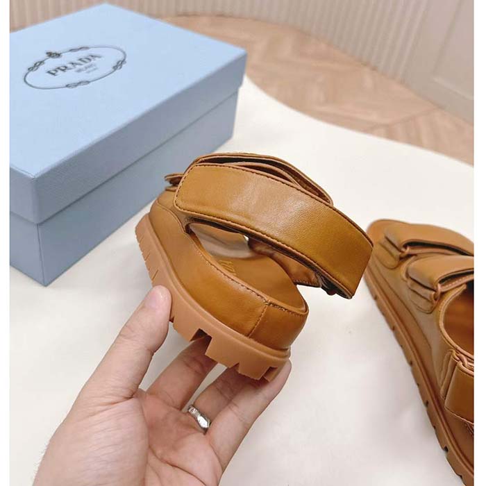Prada Women Padded Nappa Leather Sandals Metal Lettering Logo Lug Tread