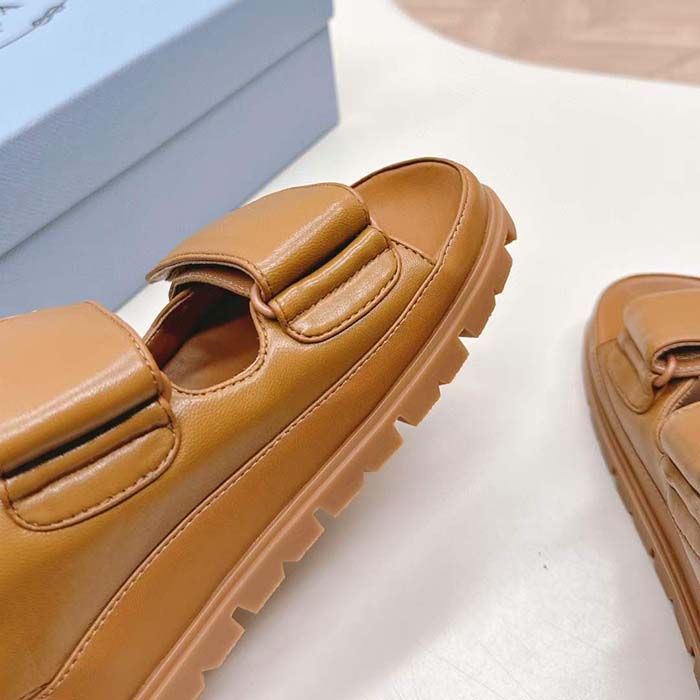 Prada Women Padded Nappa Leather Sandals Metal Lettering Logo Lug Tread