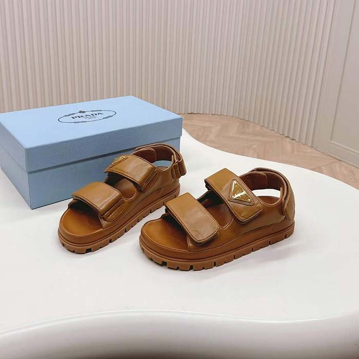 Prada Women Padded Nappa Leather Sandals Metal Lettering Logo Lug Tread