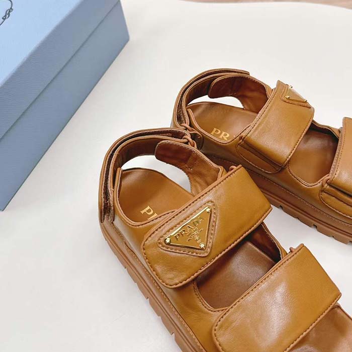 Prada Women Padded Nappa Leather Sandals Metal Lettering Logo Lug Tread