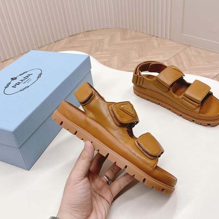 Prada Women Padded Nappa Leather Sandals Metal Lettering Logo Lug Tread
