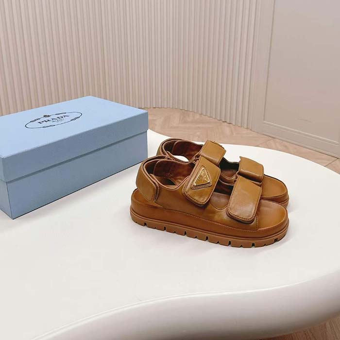 Prada Women Padded Nappa Leather Sandals Metal Lettering Logo Lug Tread
