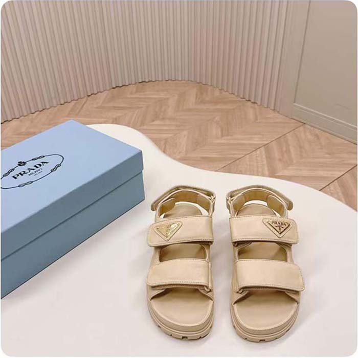 Prada Women Patent Leather Sandals Beige Metal Lettering Logo Lug Tread