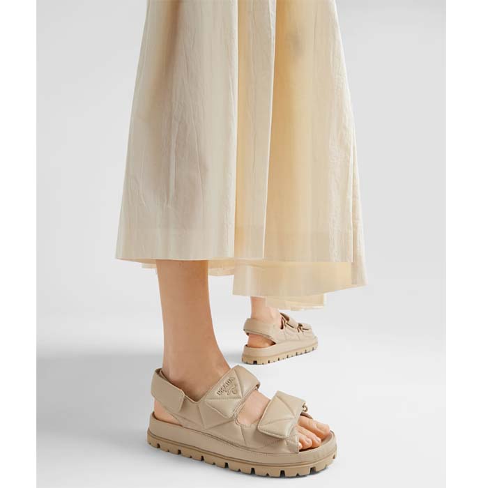 Prada Women Patent Leather Sandals Beige Metal Lettering Logo Lug Tread