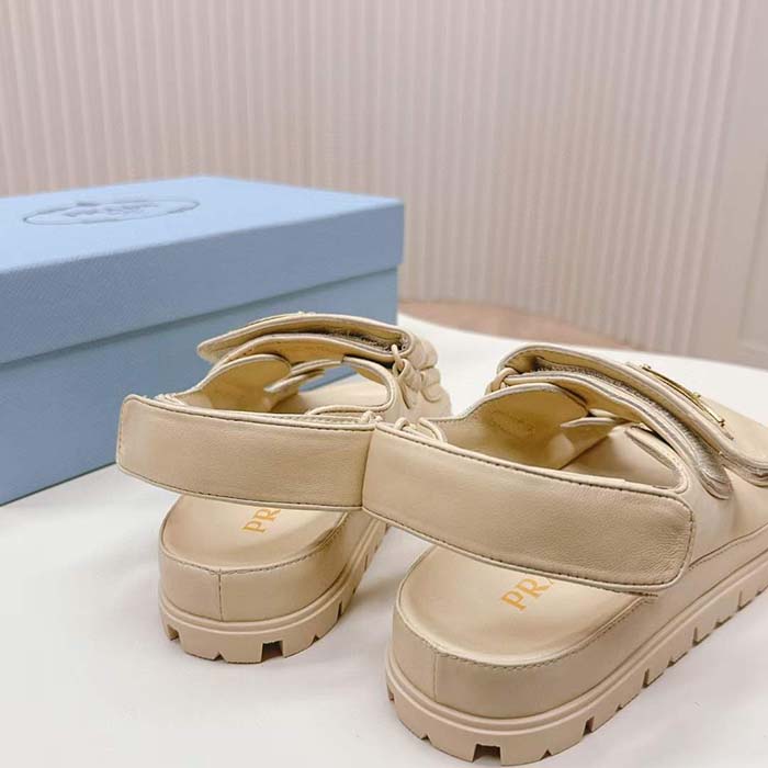 Prada Women Patent Leather Sandals Beige Metal Lettering Logo Lug Tread