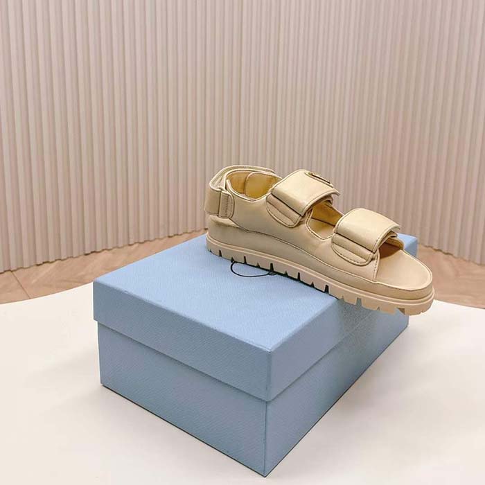 Prada Women Patent Leather Sandals Beige Metal Lettering Logo Lug Tread