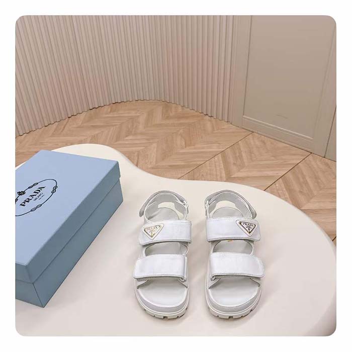 Prada Women Patent Leather Sandals Metal Lettering Logo Lug Tread