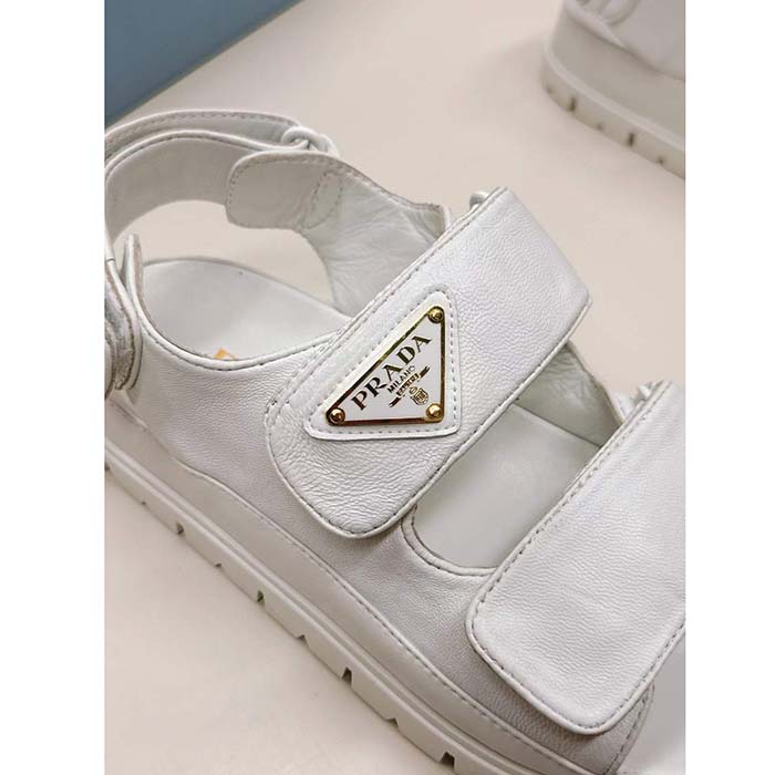 Prada Women Patent Leather Sandals Metal Lettering Logo Lug Tread