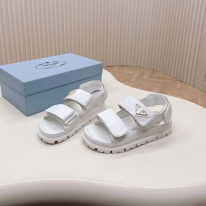 Prada Women Patent Leather Sandals Metal Lettering Logo Lug Tread