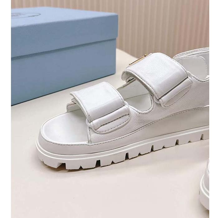 Prada Women Patent Leather Sandals Metal Lettering Logo Lug Tread