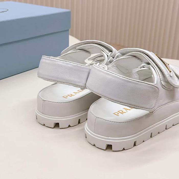 Prada Women Patent Leather Sandals Metal Lettering Logo Lug Tread