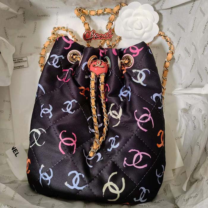 Chanel CC Unisex Backpack Printed Fabric Gold-Tone Metal Black Multicolor