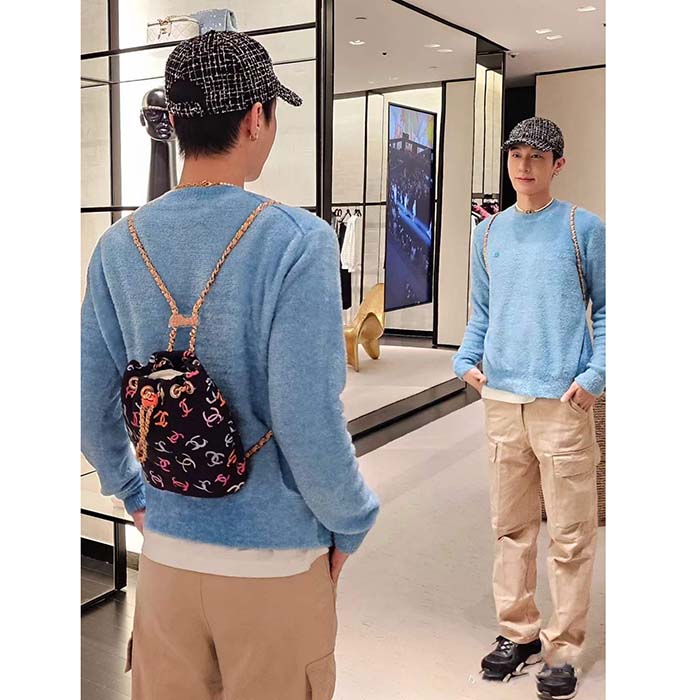 Chanel CC Unisex Backpack Printed Fabric Gold-Tone Metal Black Multicolor