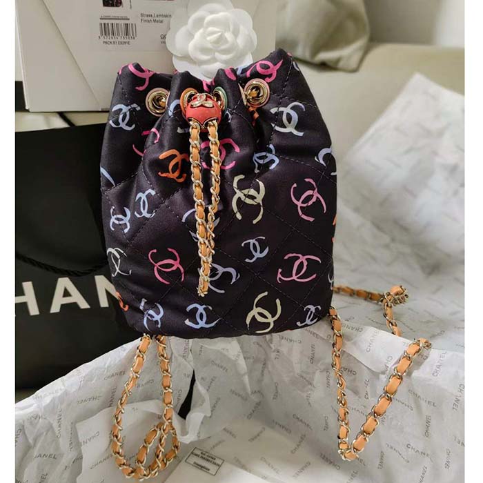 Chanel CC Unisex Backpack Printed Fabric Gold-Tone Metal Black Multicolor