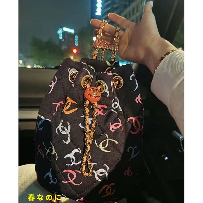 Chanel CC Unisex Backpack Printed Fabric Gold-Tone Metal Black Multicolor
