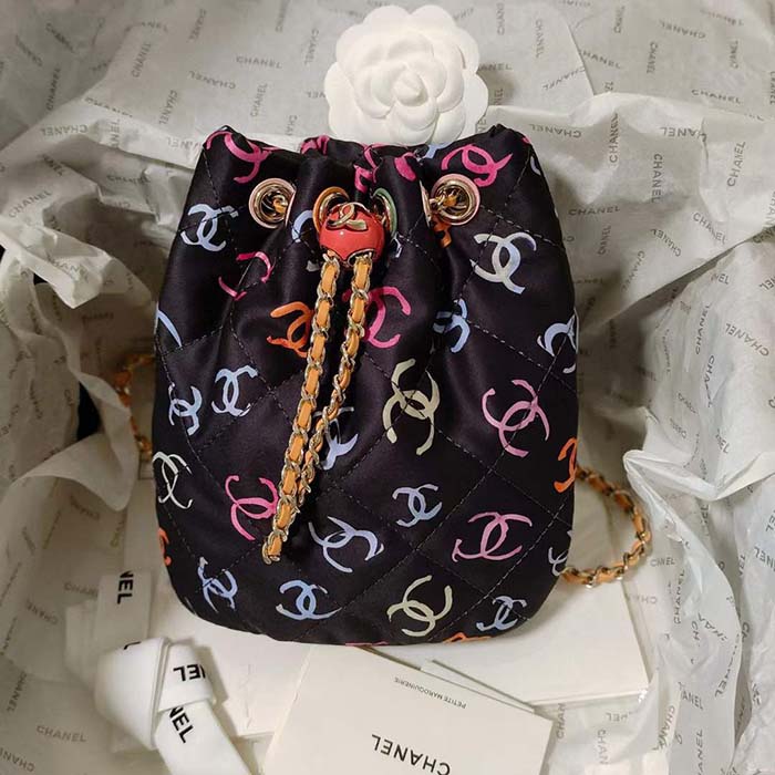 Chanel CC Unisex Backpack Printed Fabric Gold-Tone Metal Black Multicolor