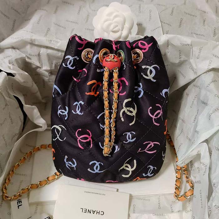 Chanel CC Unisex Backpack Printed Fabric Gold-Tone Metal Black Multicolor