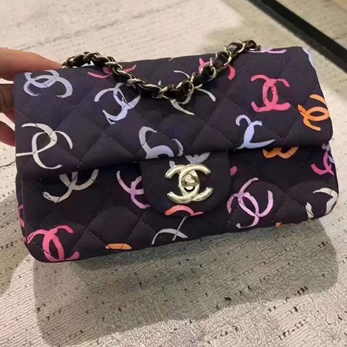 Chanel CC Women Classic 11.12 Handbag Printed Fabric Black Multicolor