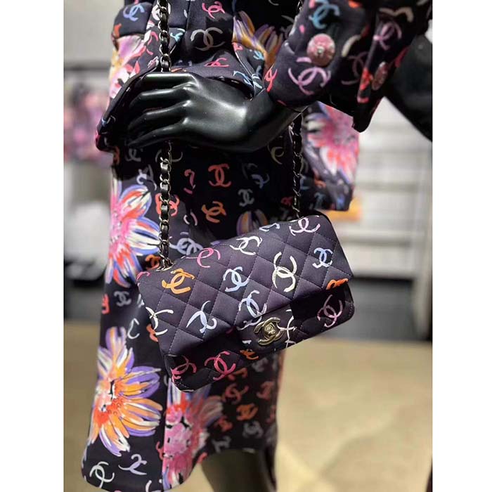 Chanel CC Women Classic 11.12 Handbag Printed Fabric Black Multicolor