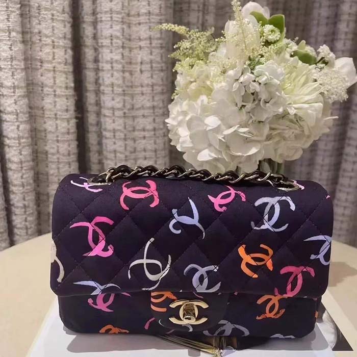 Chanel CC Women Classic 11.12 Handbag Printed Fabric Black Multicolor