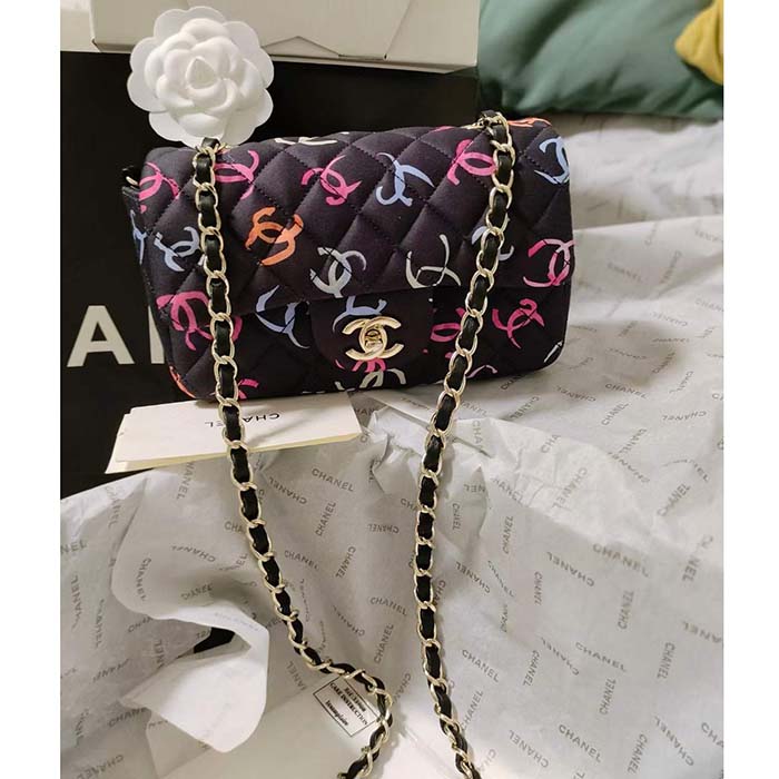 Chanel CC Women Classic 11.12 Handbag Printed Fabric Black Multicolor