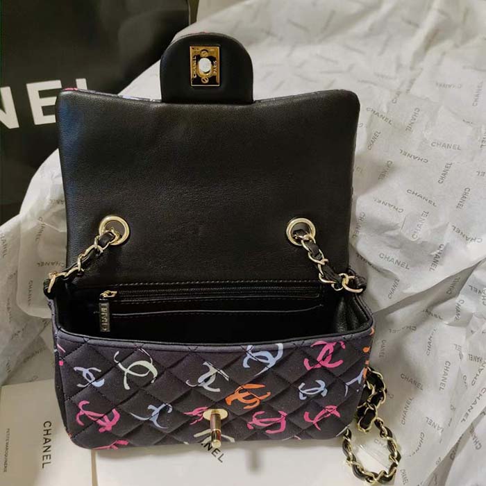 Chanel CC Women Classic 11.12 Handbag Printed Fabric Black Multicolor