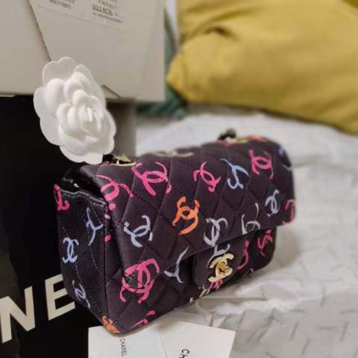 Chanel CC Women Classic 11.12 Handbag Printed Fabric Black Multicolor