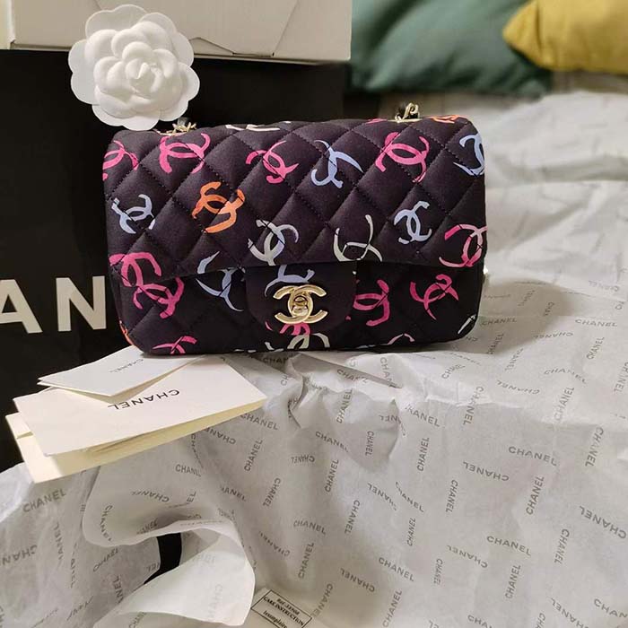 Chanel CC Women Classic 11.12 Handbag Printed Fabric Black Multicolor