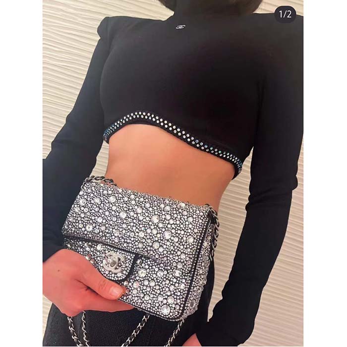Chanel CC Women Mini Flap Bag Satin Strass Silver-Tone Metal Silver