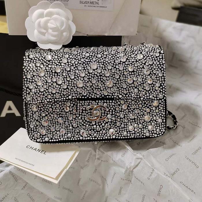 Chanel CC Women Mini Flap Bag Satin Strass Silver-Tone Metal Silver