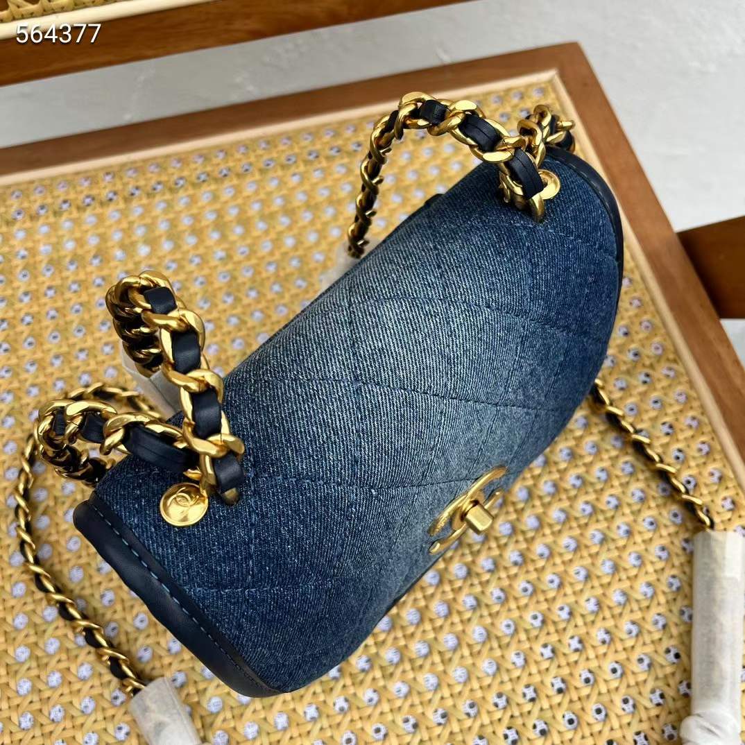 Chanel CC Women Small Messenger Bag Washed Denim Gold-Tone Metal Blue