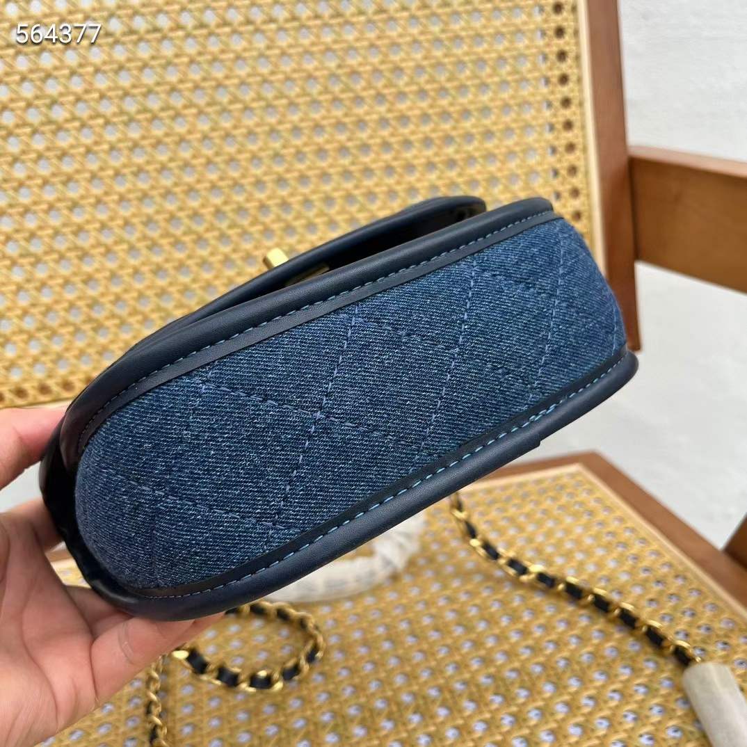 Chanel CC Women Small Messenger Bag Washed Denim Gold-Tone Metal Blue