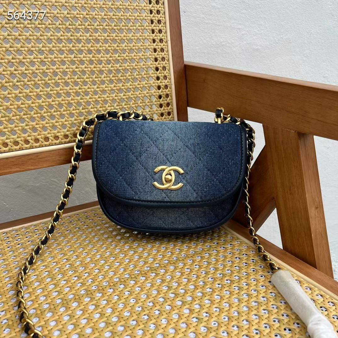 Chanel CC Women Small Messenger Bag Washed Denim Gold-Tone Metal Blue