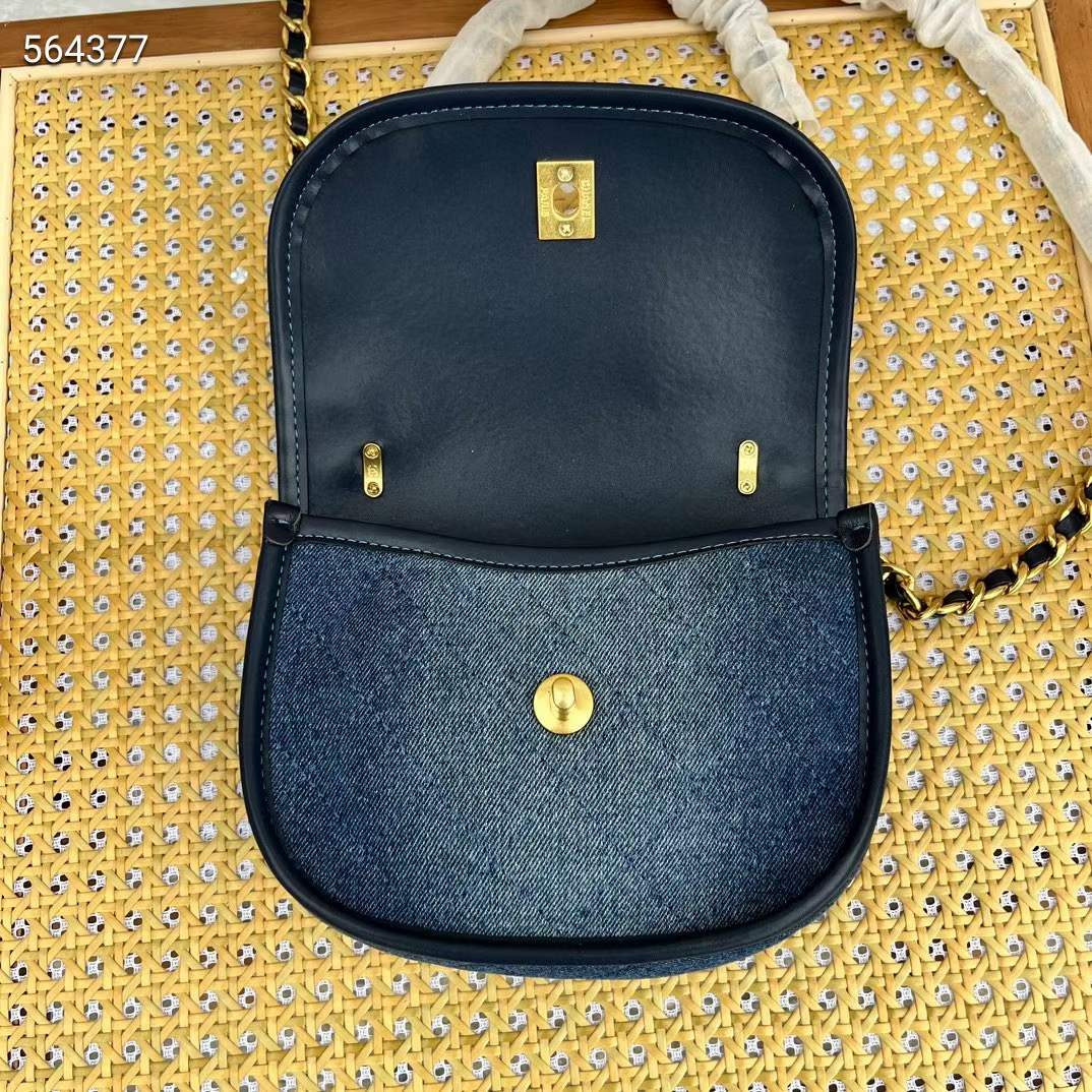 Chanel CC Women Small Messenger Bag Washed Denim Gold-Tone Metal Blue