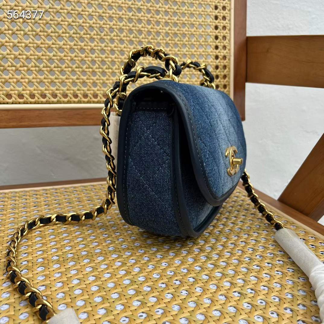 Chanel CC Women Small Messenger Bag Washed Denim Gold-Tone Metal Blue