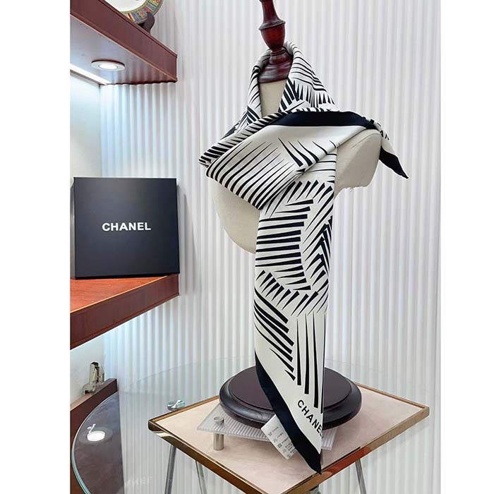 Chanel CC Women Square Scarf Silk Twill White Black