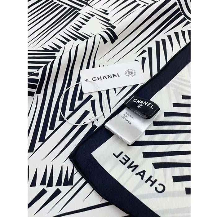 Chanel CC Women Square Scarf Silk Twill White Black