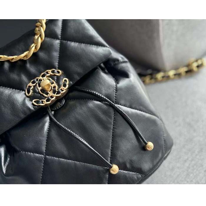 Chanel Women CC 19 Backpack Shiny Lambskin Gold Silver-Tone Black