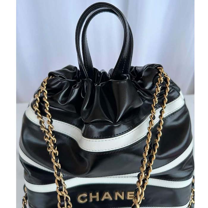 Chanel Women CC 22 Backpack Shiny Calfskin Gold-Tone Metal Black White