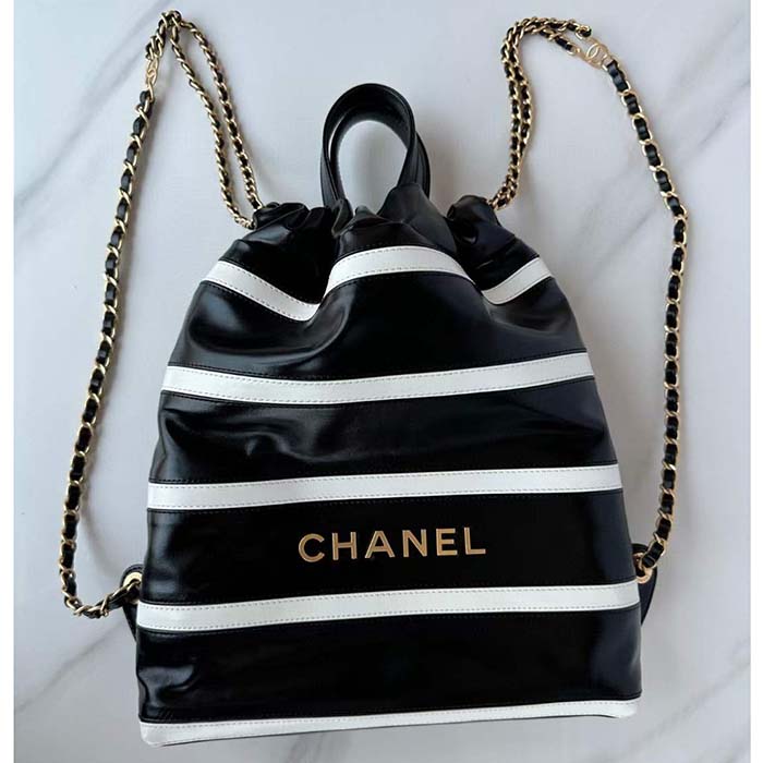 Chanel Women CC 22 Backpack Shiny Calfskin Gold-Tone Metal Black White