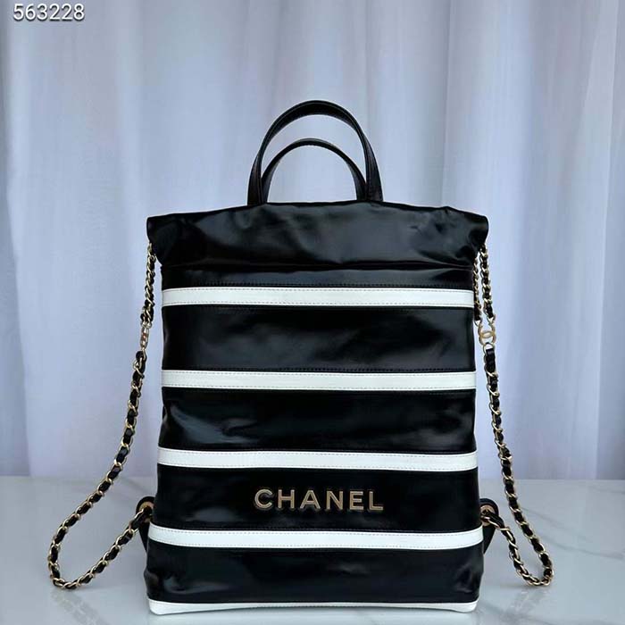 Chanel Women CC 22 Backpack Shiny Calfskin Gold-Tone Metal Black White