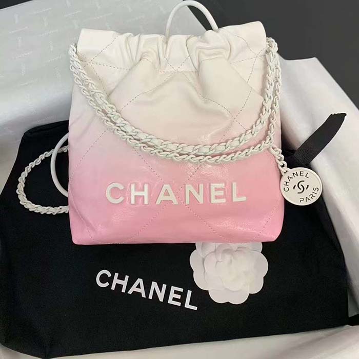Chanel Women CC 22 Mini Handbag Patent Gradient Calfskin Lacquered Metal White Pink