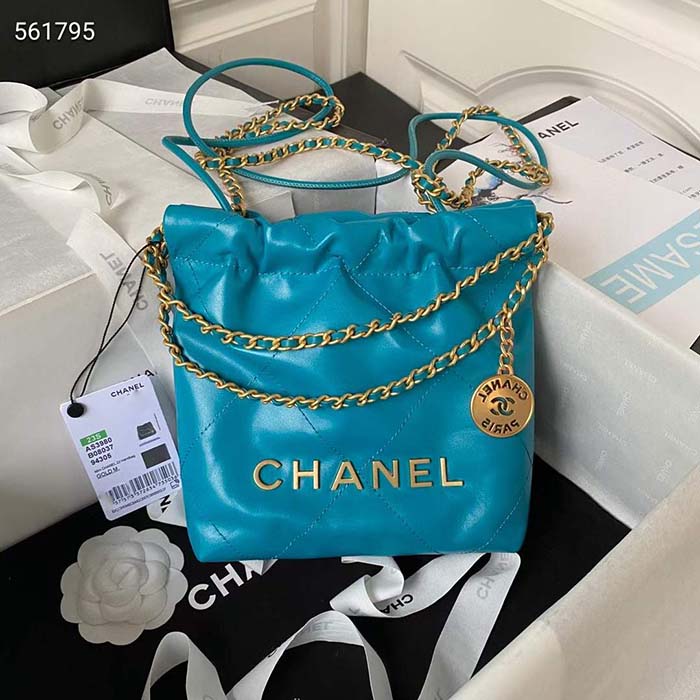Chanel Women CC 22 Mini Handbag Shiny Calfskin Gold-Tone Metal Blue