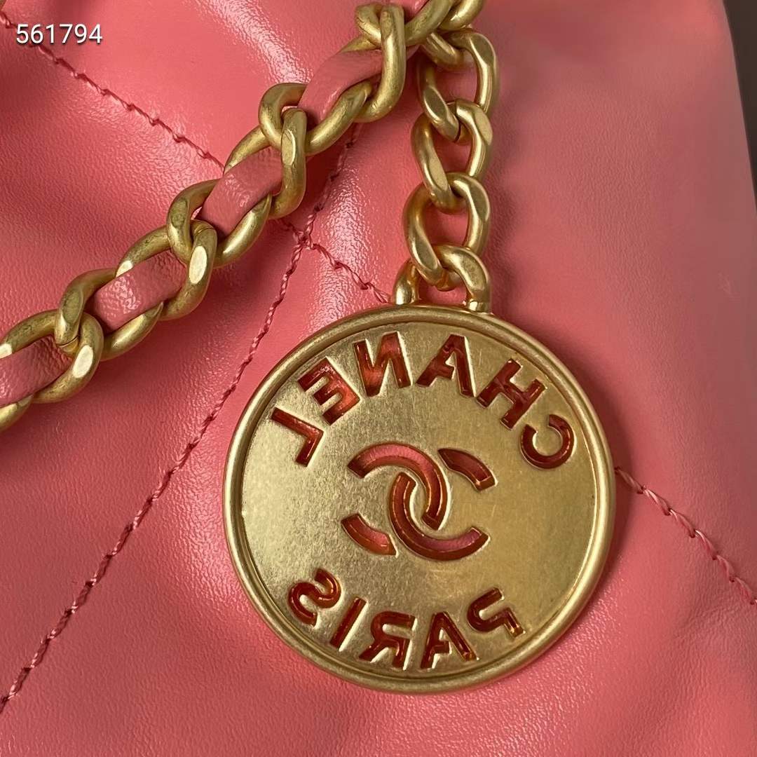 Chanel Women CC 22 Mini Handbag Shiny Calfskin Gold-Tone Metal Coral Pink